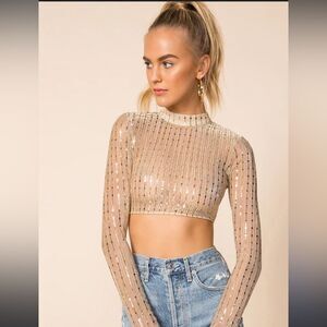 Superdown gold sequin and sheer crop top